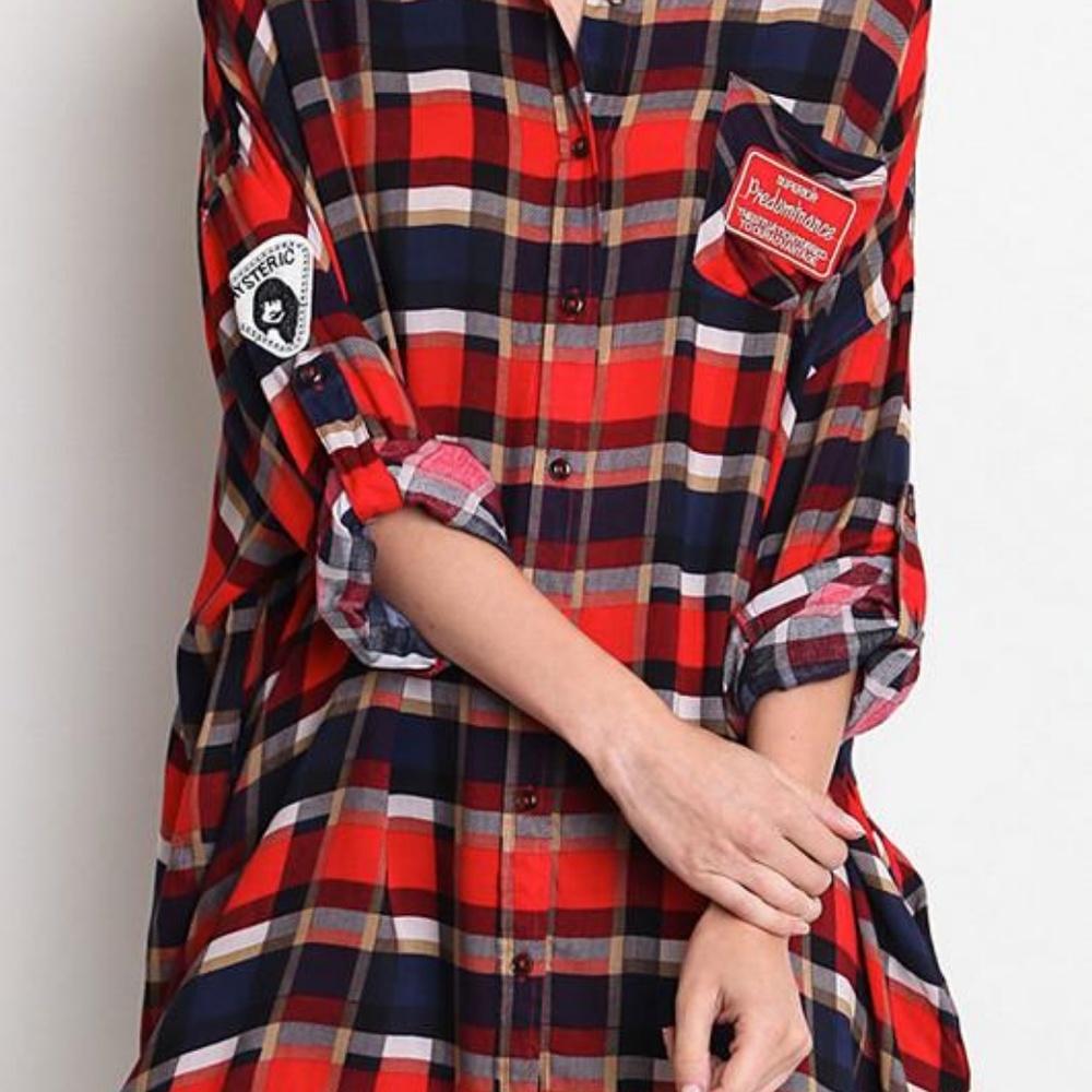 Red Plaid UMGEE Oversized Button Down BOHO Shirt - Picture 4 of 4